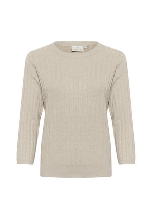 Beige ribbed knit sweater, featuring a round neckline and three-quarter sleeves. Smooth texture with a fitted silhouette.