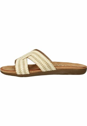 Sandale plate à enfiler avec des brides tressées beige et une semelle marron coussinée, conçue pour un usage décontracté.