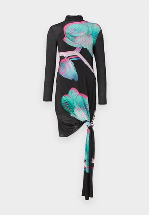 Robe noire à manches longues avec un détail de nœud sur un côté, ornée de motifs d'orchidées multicolores en turquoise et rose, au toucher lisse.