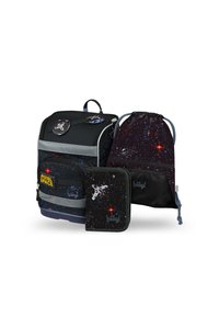 Set di zaini con zaino a tema spaziale, borsa a coulisse e pochette con zip. I materiali sono in tessuto con vivaci motivi cosmici.