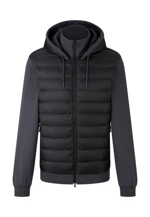 Black quilted puffer jacket with dark gray hoodie and sleeves, front zipper, and drawstrings on the hood.