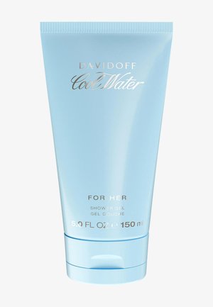Tube bleu clair de gel douche Davidoff Cool Water pour elle, 150 ml, avec texte argenté sur fond blanc.