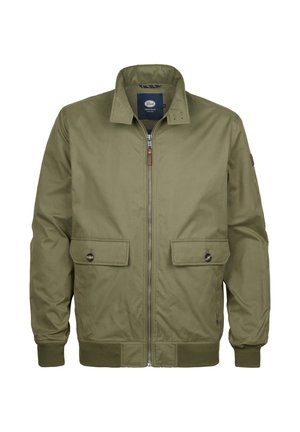 Oliven grøn bomberjakke med lynlås foran, to forlommer, ribbede manchetter og kant, der har en glat overflade og enkelt design.