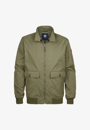 Oliven grøn bomberjakke med lynlås foran, to forlommer, ribbede manchetter og kant, der har en glat overflade og enkelt design.