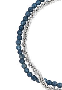 Beaded bracelet featuring dark blue stones and alternating silver metal accents, showcasing a smooth texture and circular design.
