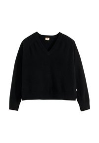 Maglione nero a collo a V realizzato in tessuto morbido, con maniche lunghe, polsini e orlo ribattuti, design leggermente corto e branding minimale.