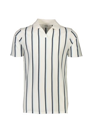 Polo a maniche corte con scollo a V, realizzato in tessuto leggero, con strisce verticali blu navy e azzurro su uno sfondo bianco.