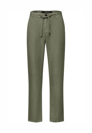 Pantaloni casual da uomo verde oliva con gambe dritte, chiusura con bottone e cerniera e coulisse regolabile in tessuto in vita.
