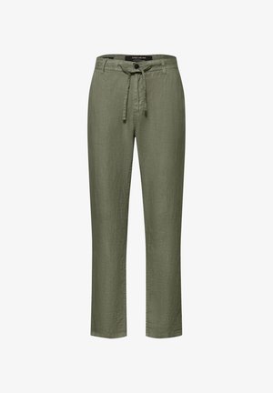 Pantaloni casual da uomo verde oliva con gambe dritte, chiusura con bottone e cerniera e coulisse regolabile in tessuto in vita.