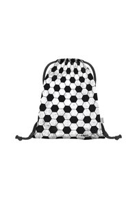 Plecak z ściągaczem z heksagonalnym czarno-białym wzorem, teksturowaną powierzchnią i szarymi sznurkami do zamykania.