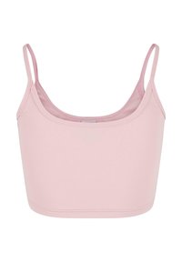 Lys rosa kort tanktop med tynne stropper, laget av elastisk stoff. Enkelt design, sømløse kanter og en glatt tekstur.