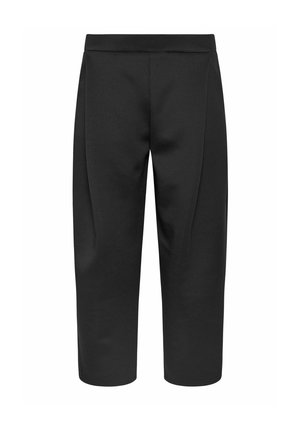 Pantalones negros cropped de pierna recta con una cintura lisa y sutiles pliegues delanteros, hechos de una tela sólida y mate.