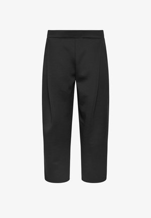 Pantalones negros cropped de pierna recta con una cintura lisa y sutiles pliegues delanteros, hechos de una tela sólida y mate.