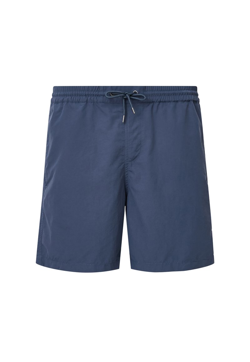 Laivaston uintishortsit, jotka on valmistettu kevyestä kankaasta ja joissa on joustava vyötärö, narusäätö ja sivutaskut. Yksinkertainen muotoilu, ei kuvioita.