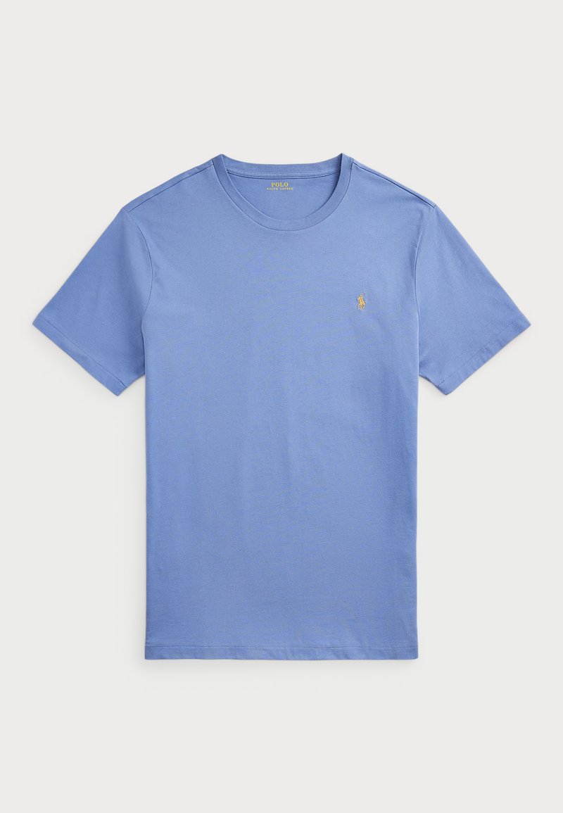 Lyseblå bomull T-skjorte, kort erm, rund hals, med en liten brodert logo på venstre bryst, glatt tekstur, uformell design.