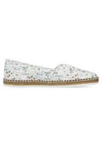 Chaussure espadrille blanche avec petit imprimé floral vert et marron, semelle enveloppée de jute et couture blanche le long du bord.