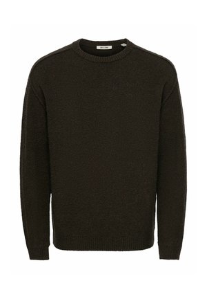 Maglione marrone scuro a maniche lunghe con scollo tondo, polsini e orlo a coste, realizzato in tessuto lavorato a maglia strutturato.
