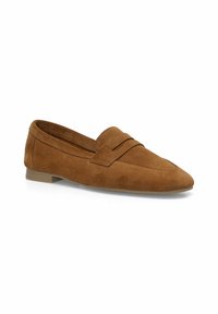 Brown suede loafers with a pointed toe, featuring a decorative strap across the vamp and a low, beige rubber outsole.
