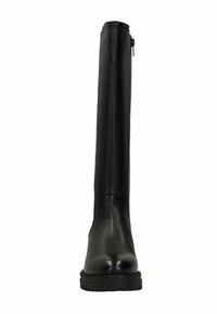 Zwarte leren kniehoge laarzen met een strak design, zijritssluiting, ronde neus en een gestructureerde rubberen zool voor grip.