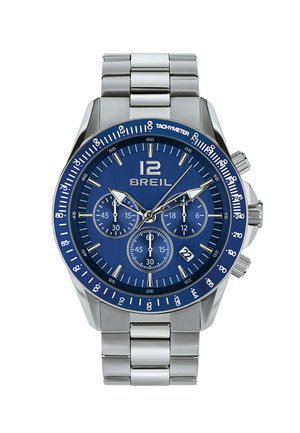 Montre chronographe en acier inoxydable Breil avec un cadran bleu, des accents argentés, une lunette tachymétrique et trois sous-cadrans. Affichage de la date à 6 heures.