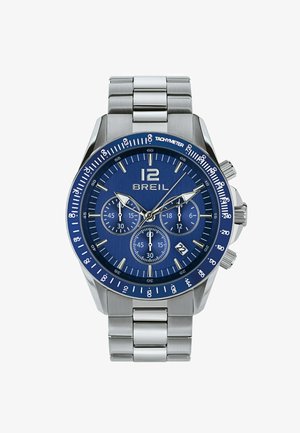 Breil Chronographuhr aus Edelstahl mit blauem Ziffernblatt, silbernen Akzenten, Tachymeter-Lünette und drei Hilfsziffernblättern. Datumsanzeige bei 6 Uhr.