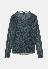 Långärmad topp i genomskinligt tyg, med ett svart och teal leopardmönster, med rundad halsringning och volangärmar.