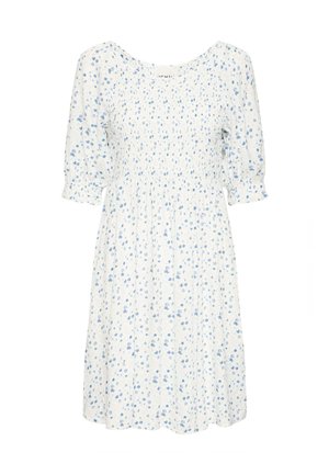Balta suknelė su mėlynais gėlių raštais, trumpomis pūstomis rankovėmis ir gumbuotu korpusu. Sklandus dizainas su apvaliu iškirpimu ir iki kelio siekiančiu kraštu.