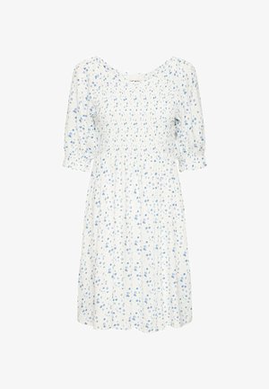 Balta suknelė su mėlynais gėlių raštais, trumpomis pūstomis rankovėmis ir gumbuotu korpusu. Sklandus dizainas su apvaliu iškirpimu ir iki kelio siekiančiu kraštu.