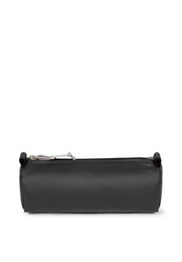 Black cylindrical pencil case made from smooth material with a zipper closure and a gray pull cord. Plain design with no patterns or accents.