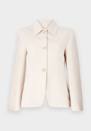 Ljusbeige blazer med notch-krage, fem framknappar och en mjuk textur. Skräddarsydd passform med långa ärmar och sidfickor.