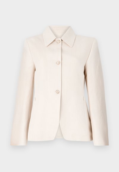 Light beige blazer featuring a notched collar, five front buttons, and a smooth texture. Tailored fit with long sleeves and side pockets.