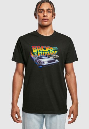Black cotton t-shirt featuring a color graphic print of a DeLorean from "Back to the Future," with text and animated elements.