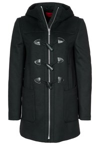 Cappotto duffle nero, realizzato in misto lana, con chiusura a zip e ganci, dotato di due tasche frontali e cappuccio. Tessuto morbido.