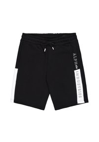 Shorts noirs en coton avec une taille élastique et un cordon de serrage. Accents blancs sur les côtés, avec le logo "ALPHA INDUSTRIES" en lettres grasses.