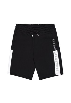 Crne pamučne kratke hlače s elastičnom gumom u struku i vezicom. Bijeli detalji sa strane, s "ALPHA INDUSTRIES" logotipom u podebljanom tisku.