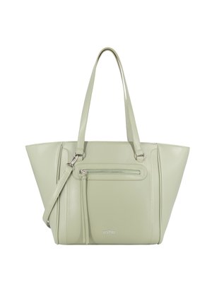 Jasnozielona torba na ramię z dwoma górnymi uchwytami, przednią kieszenią zapinaną na suwak i odpinanym paskiem na ramię.