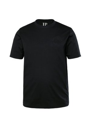 Sort kortærmet t-shirt lavet af bomuld, med rund hals og et diskret præget logo på venstre bryst. Glat tekstur.