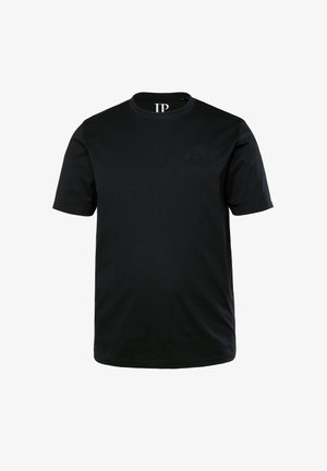 Zwarte katoenen T-shirt met korte mouwen, voorzien van een ronde hals en een subtiel reliëflogo op de linkerborst. Glad oppervlak.