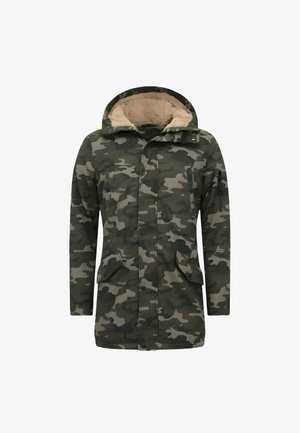 Heren camouflageparka met capuchon gevoerd met beige nep bont, drukknoopsluiting aan de voorkant, klepzakken en lange mouwen.