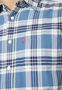 Chemise à carreaux bleue, blanche et verte à boutons, avec une poche poitrine et des boutons blancs, comportant une petite étiquette rouge Levi's sur le bord de la poche.