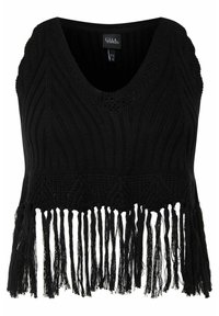 Černý pletený crop top s výstřihem do V, který má žebrovaný vzor a texturované tělo. Spodní lem zahrnuje dlouhé třásně.