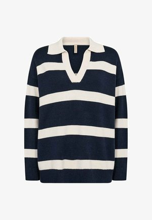 Marineblauw en crème gestreepte gebreide trui met V-hals en kraag, voorzien van geribbelde boorden en zoom, met een ontspannen pasvorm en zachte textuur.