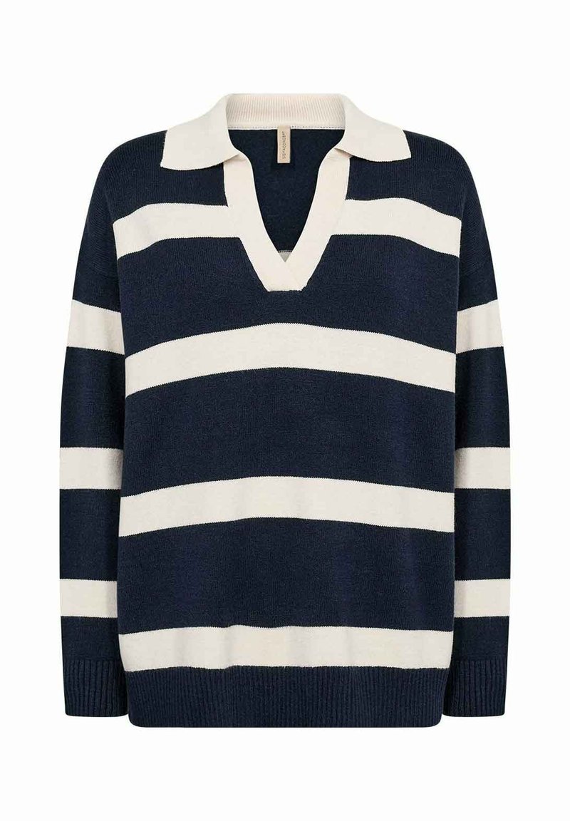 Marineblauw en crème gestreepte gebreide trui met V-hals en kraag, voorzien van geribbelde boorden en zoom, met een ontspannen pasvorm en zachte textuur.