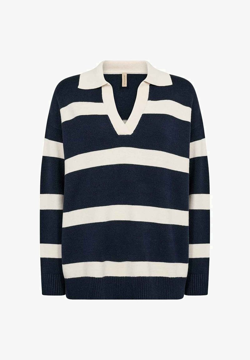 Marineblauw en crème gestreepte gebreide trui met V-hals en kraag, voorzien van geribbelde boorden en zoom, met een ontspannen pasvorm en zachte textuur.