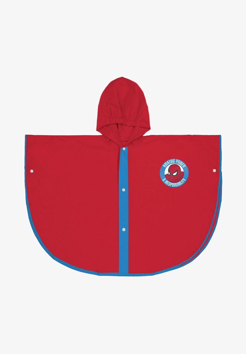 Poncho imperméable rouge avec capuche, doté de bords bleus et de fermetures à bouton. Affiche un graphique circulaire avec un design de Spider-Man.