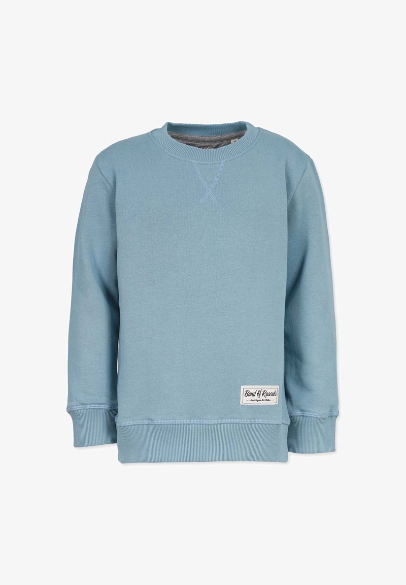 Light blue crewneck sweatshirt with ribbed cuffs and hem, featuring a small rectangular "Band of Rascals" label near the bottom hem.