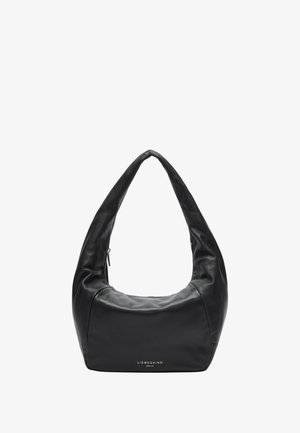 Schwarze Leder-Hobo-Tasche mit weichem, lässigem Design, breitem Schultergurt, Reißverschluss und minimalem Branding in Weiß am Boden.