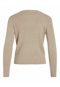 Pull beige côtelé à manches longues avec un col rond, vu de dos.
