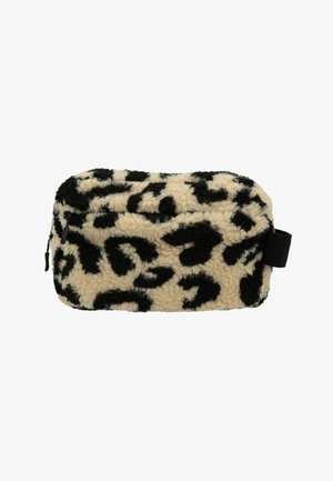 Bustina rettangolare beige con stampa leopardata nera, morbida, con cerniera e linguetta in tessuto nero su un lato.
