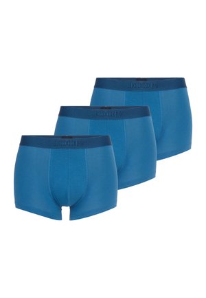 Tre par blå herreboxershorts med mørkeblå elastiske taljebånd, der har JOOP!-brandlogoet.